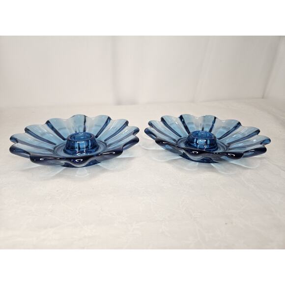 Vintage Federal Glass Candle Holders PAIR Celestial Ribbed Blue Glass 5 3/8" Art - Picture 1 of 8